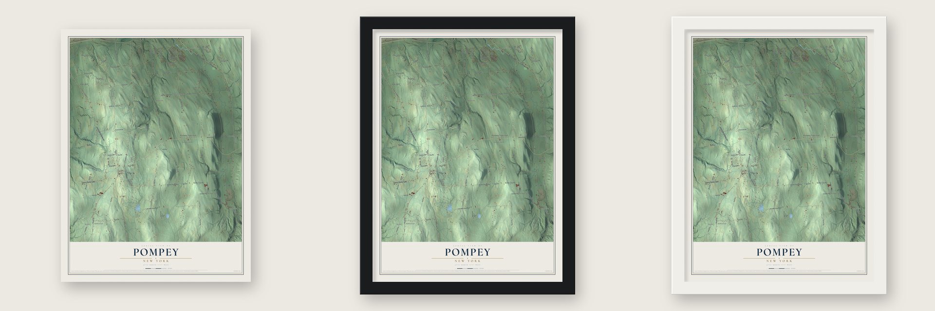 Pompey, New York map unframed, in a black wood frame and in a white wood frame