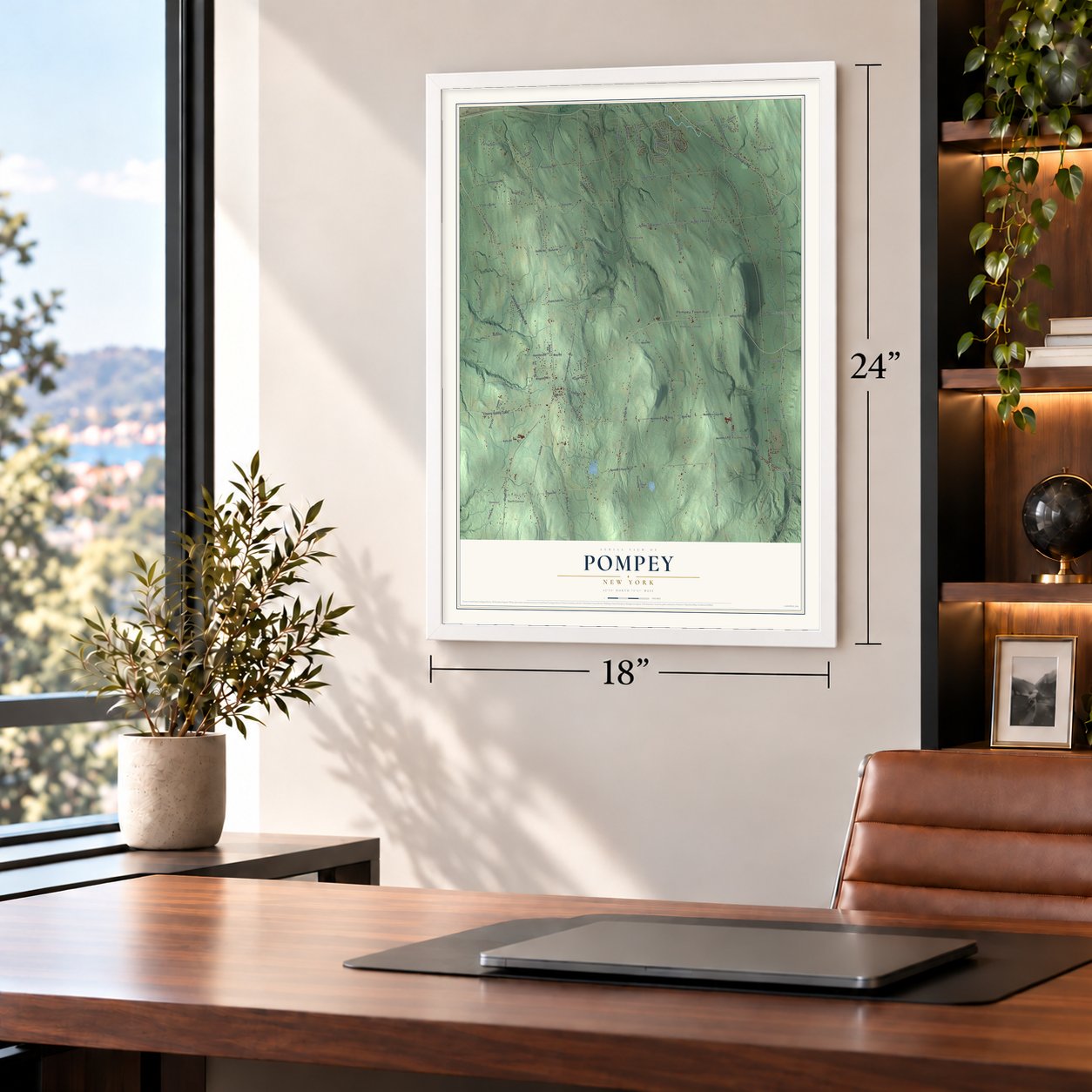 Pompey, New York map, 18 x 24 inch print in a white frame in a home office