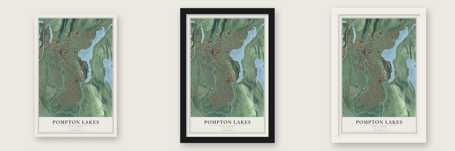 Pompton Lakes, New Jersey map unframed, in a black wood frame and in a white wood frame