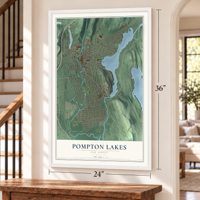 Pompton Lakes, New Jersey map, 24 x 36 inch print in a white frame by a staircase
