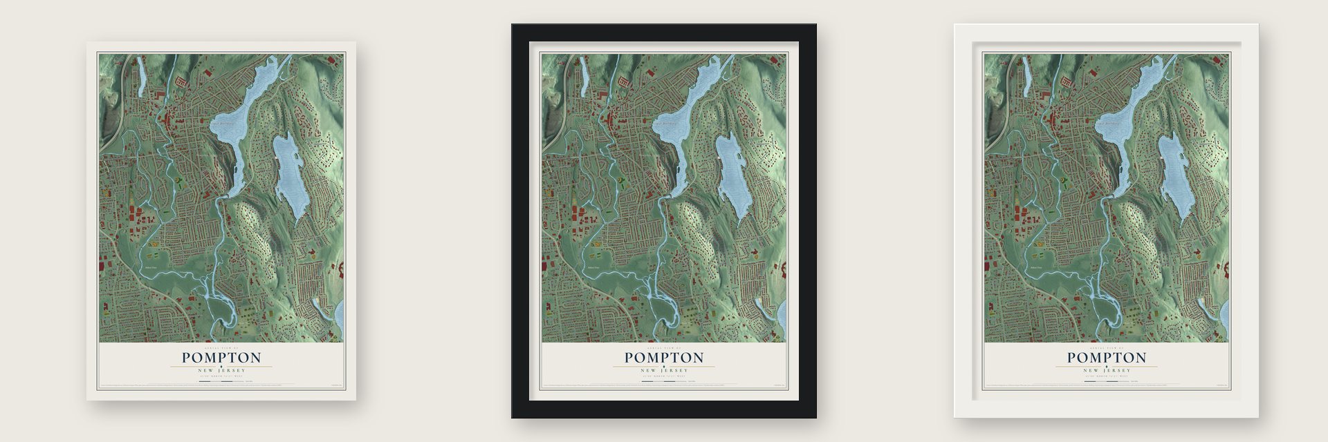 Pompton, New Jersey map unframed, in a black wood frame and in a white wood frame
