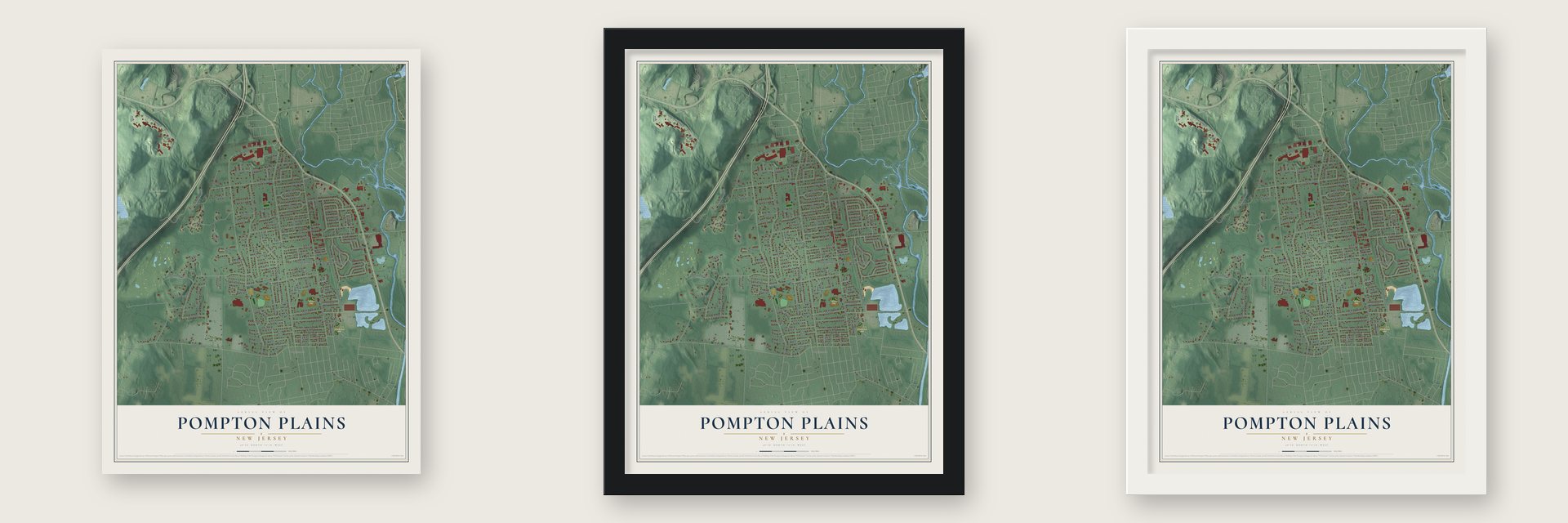 Pompton Plains, New Jersey map unframed, in a black wood frame and in a white wood frame