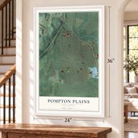 Pompton Plains, New Jersey map, 24 x 36 inch print in a white frame by a staircase