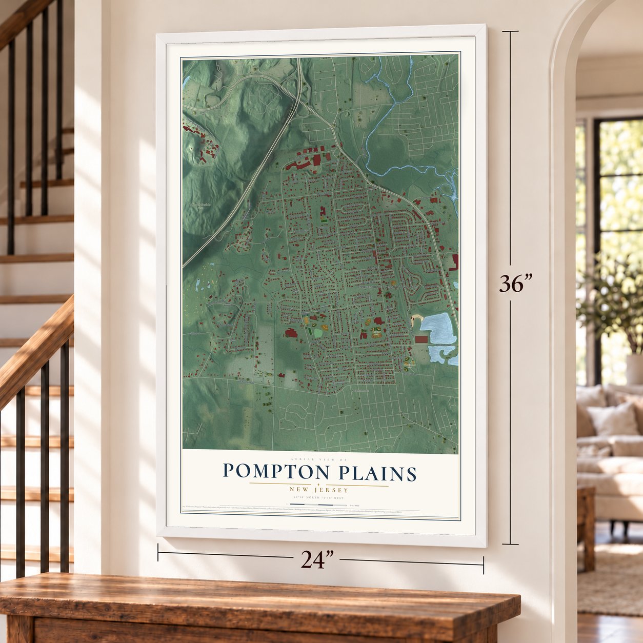 Pompton Plains, New Jersey map, 24 x 36 inch print in a white frame by a staircase