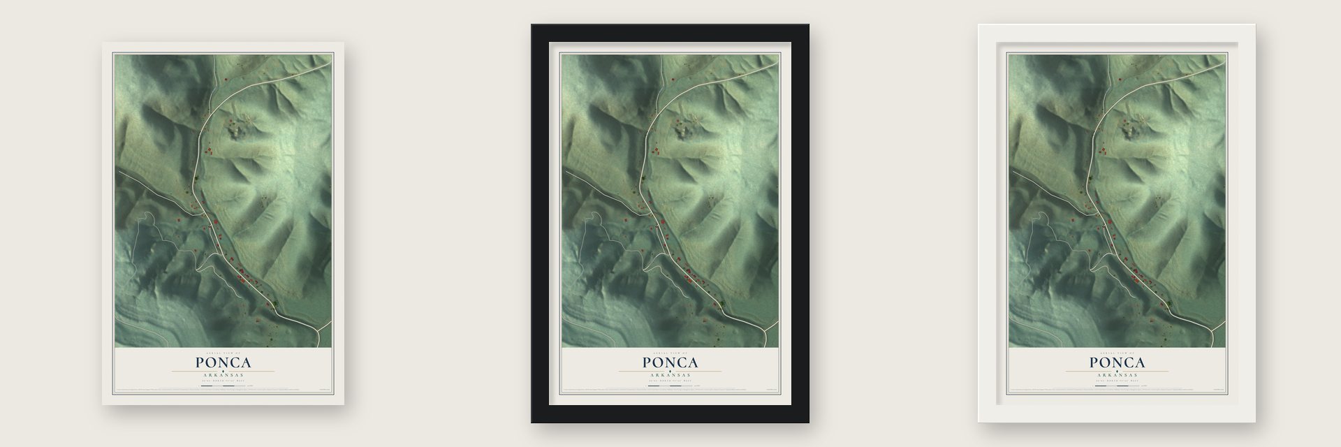 Ponca, Arkansas map unframed, in a black wood frame and in a white wood frame