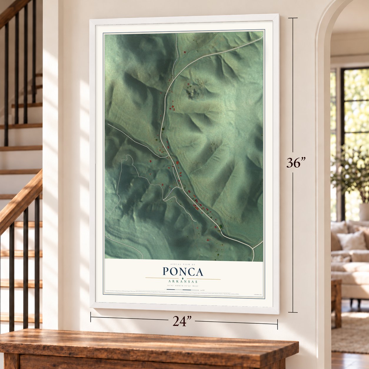 Ponca, Arkansas map, 24 x 36 inch print in a white frame by a staircase