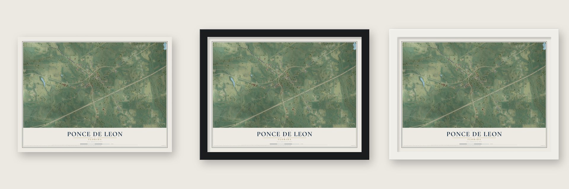 Ponce de Leon, Florida map unframed, in a black wood frame and in a white wood frame