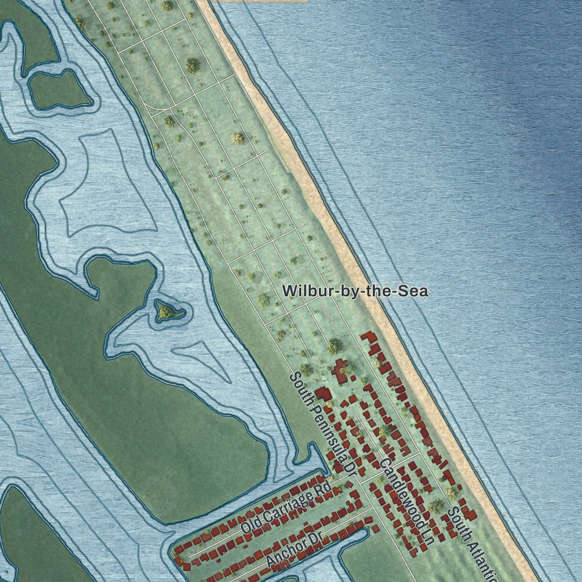 Second close-up of the map of Ponce Inlet, Florida print showing more streets and buildings