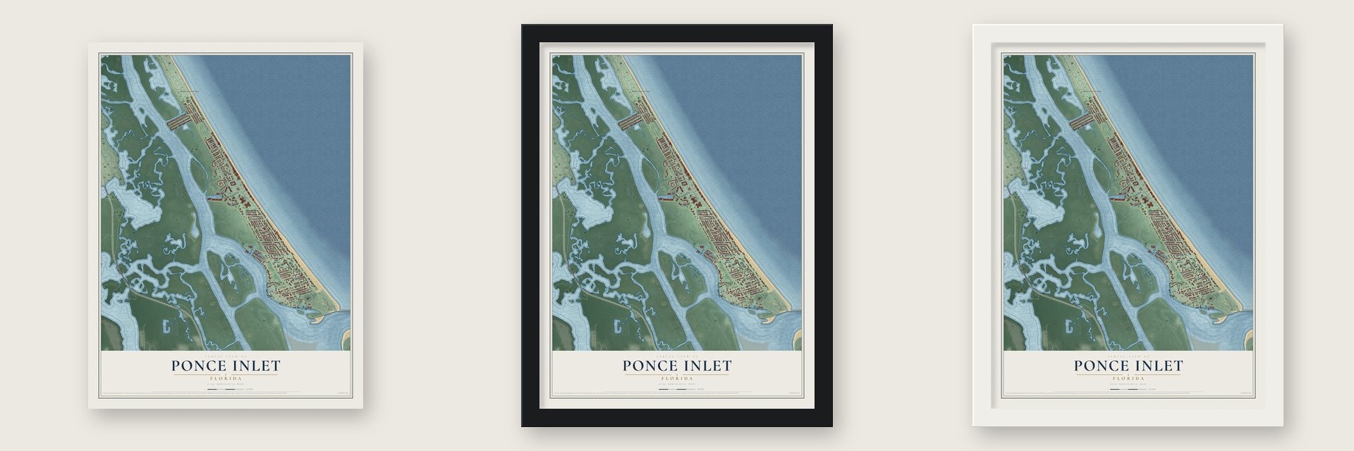 Ponce Inlet, Florida map unframed, in a black wood frame and in a white wood frame