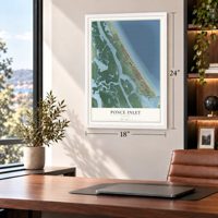 Ponce Inlet, Florida map, 18 x 24 inch print in a white frame in a home office