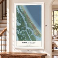 Ponce Inlet, Florida map, 24 x 36 inch print in a white frame by a staircase