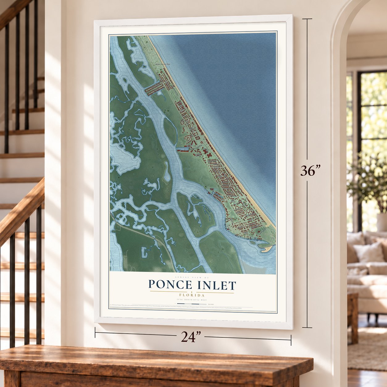 Ponce Inlet, Florida map, 24 x 36 inch print in a white frame by a staircase