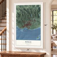 Ponce, Puerto Rico map, 24 x 36 inch print in a white frame by a staircase