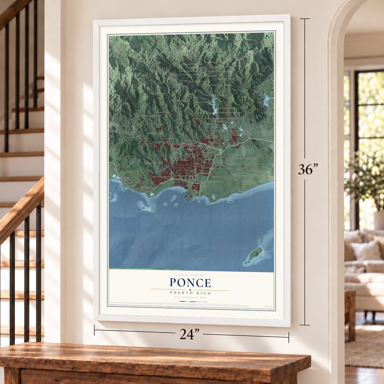 Ponce, Puerto Rico map, 24 x 36 inch print in a white frame by a staircase