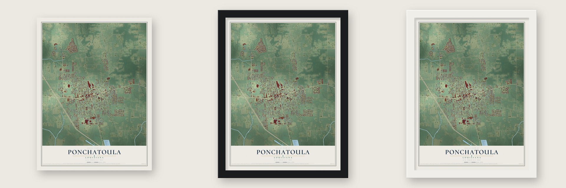 Ponchatoula, Louisiana map unframed, in a black wood frame and in a white wood frame