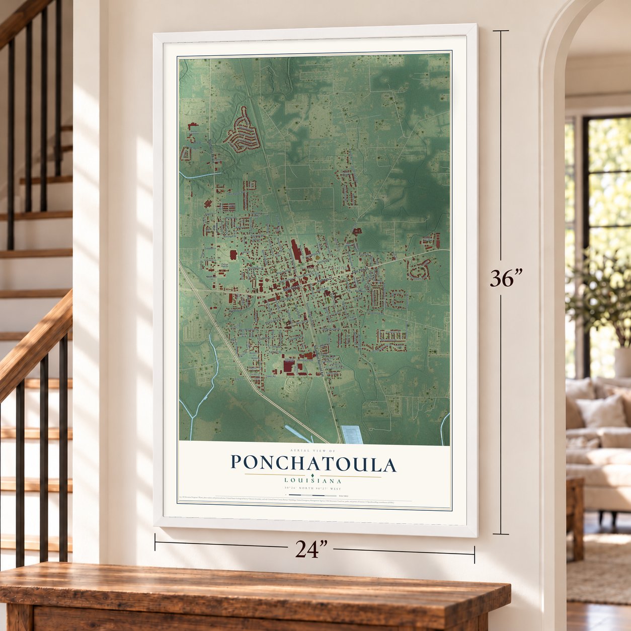 Ponchatoula, Louisiana map, 24 x 36 inch print in a white frame by a staircase