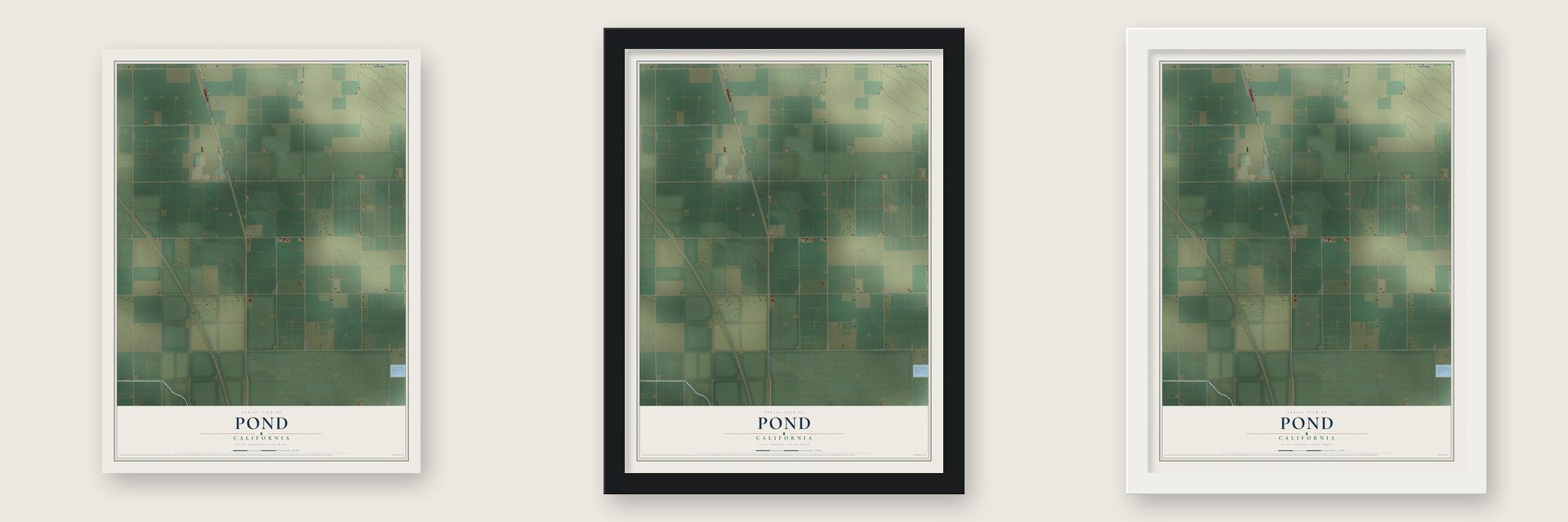 Pond, California map unframed, in a black wood frame and in a white wood frame
