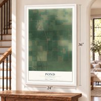 Pond, California map, 24 x 36 inch print in a white frame by a staircase