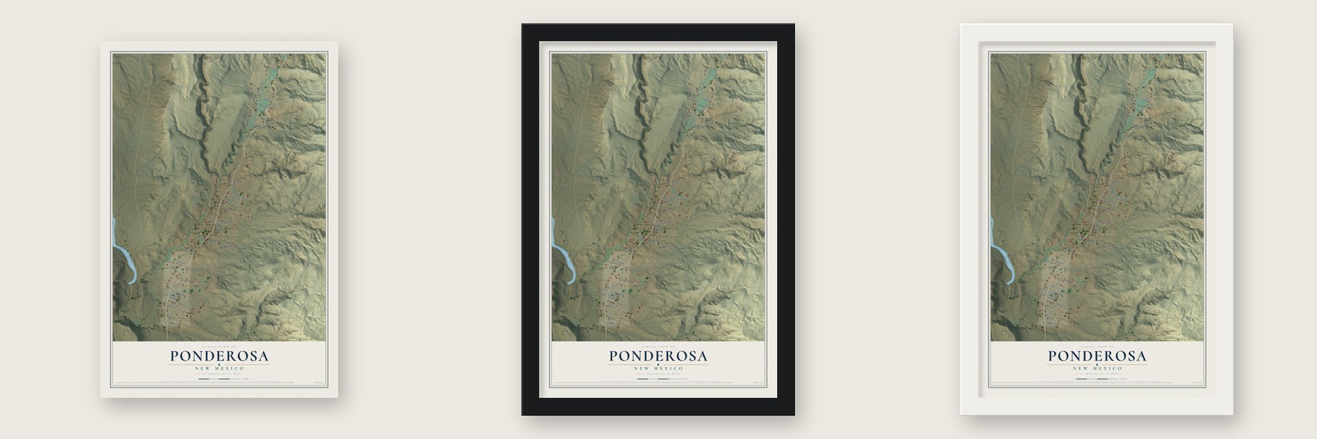 Ponderosa, New Mexico map unframed, in a black wood frame and in a white wood frame
