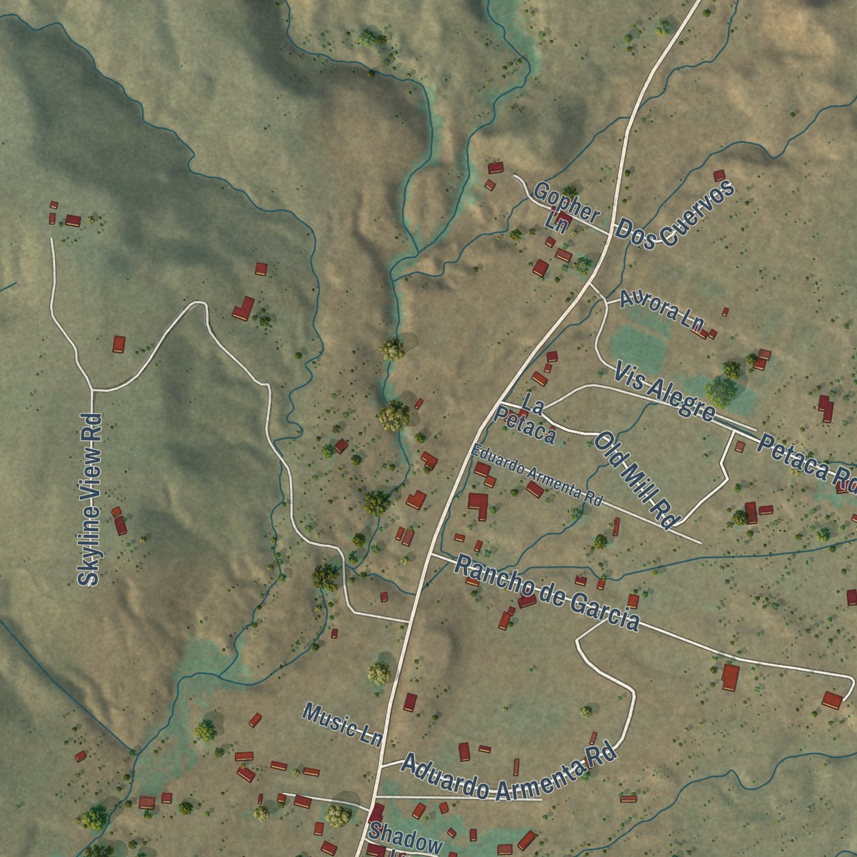 Second close-up of the map of Ponderosa, New Mexico print showing more streets and buildings