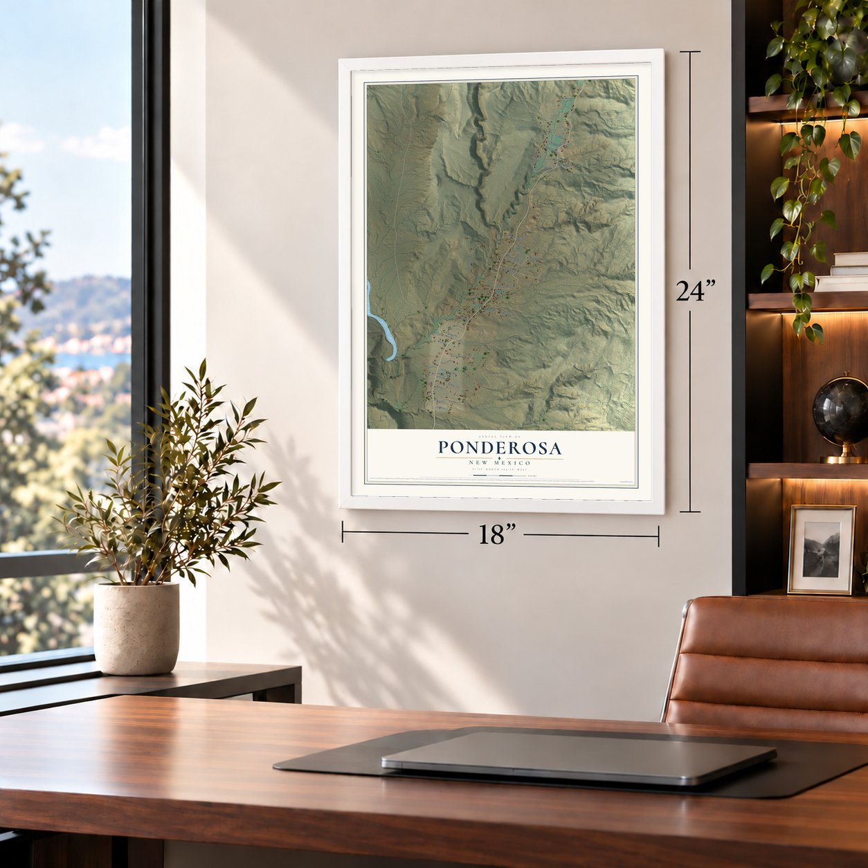 Ponderosa, New Mexico map, 18 x 24 inch print in a white frame in a home office