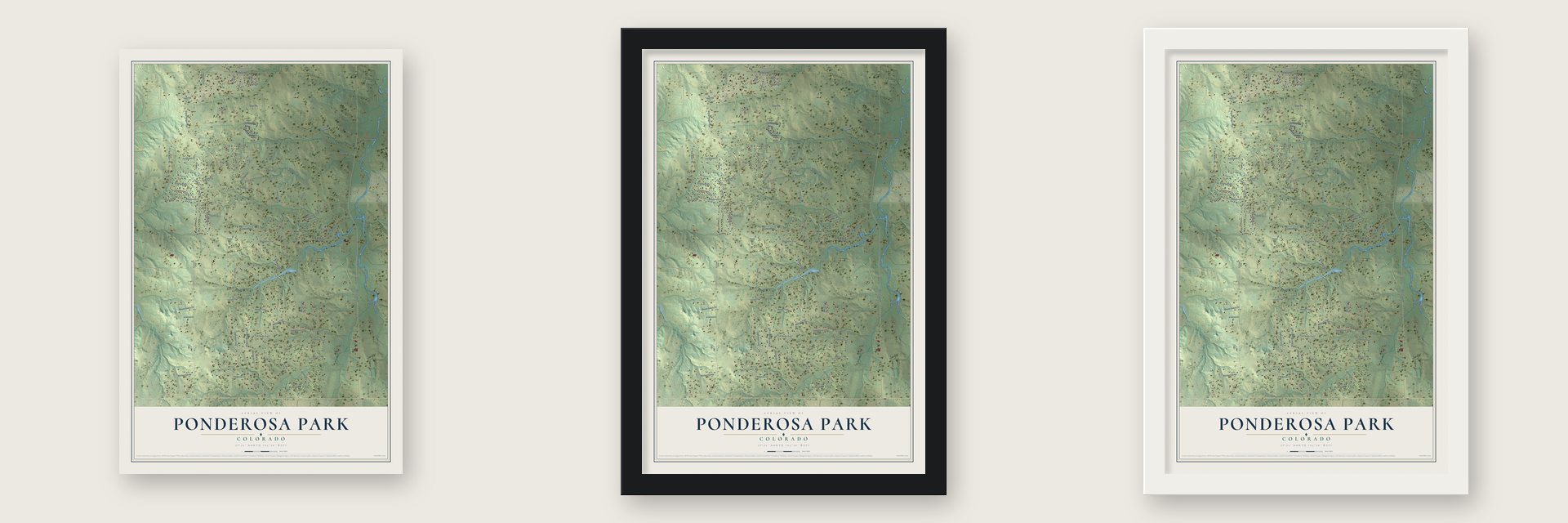 Ponderosa Park, Colorado map unframed, in a black wood frame and in a white wood frame