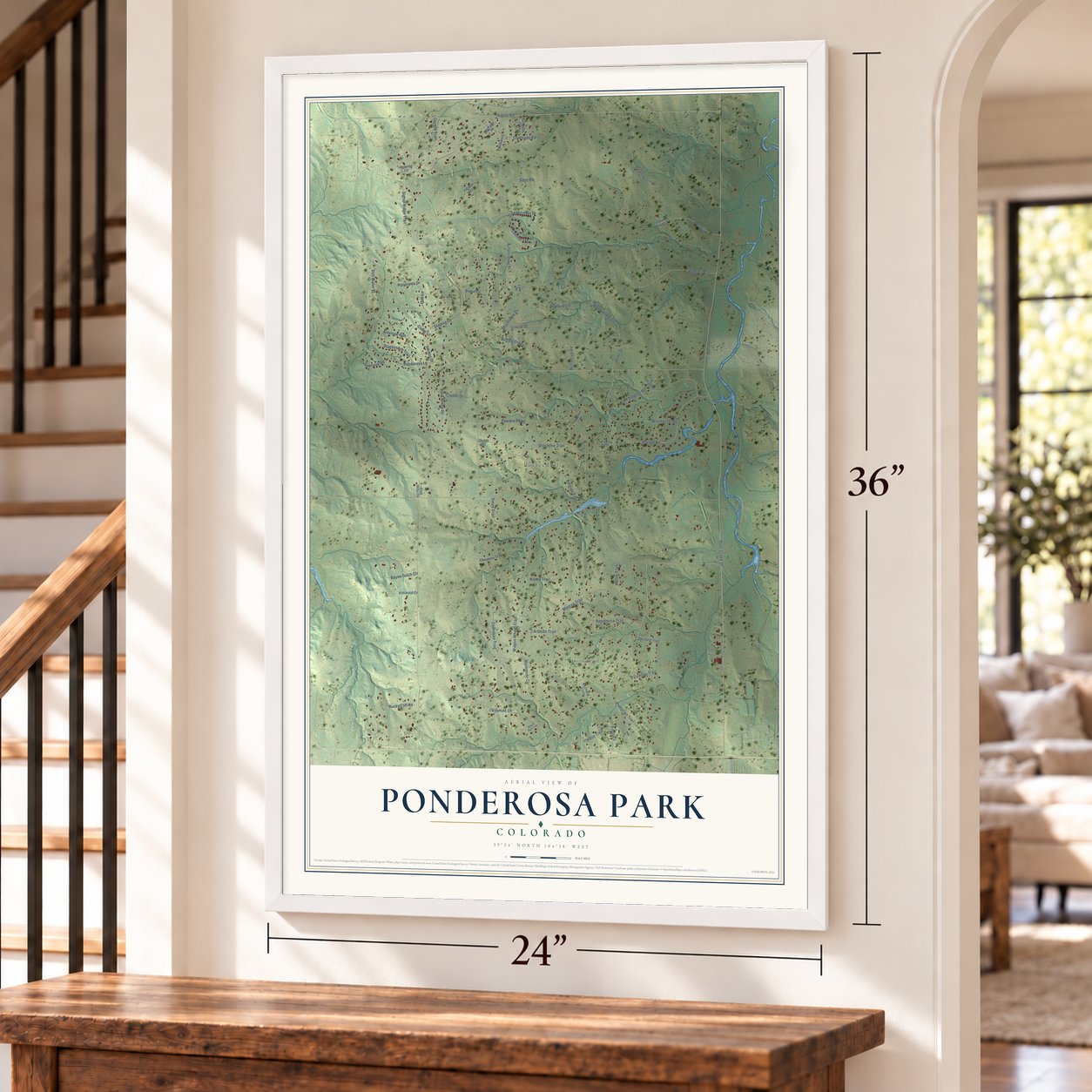 Ponderosa Park, Colorado map, 24 x 36 inch print in a white frame by a staircase