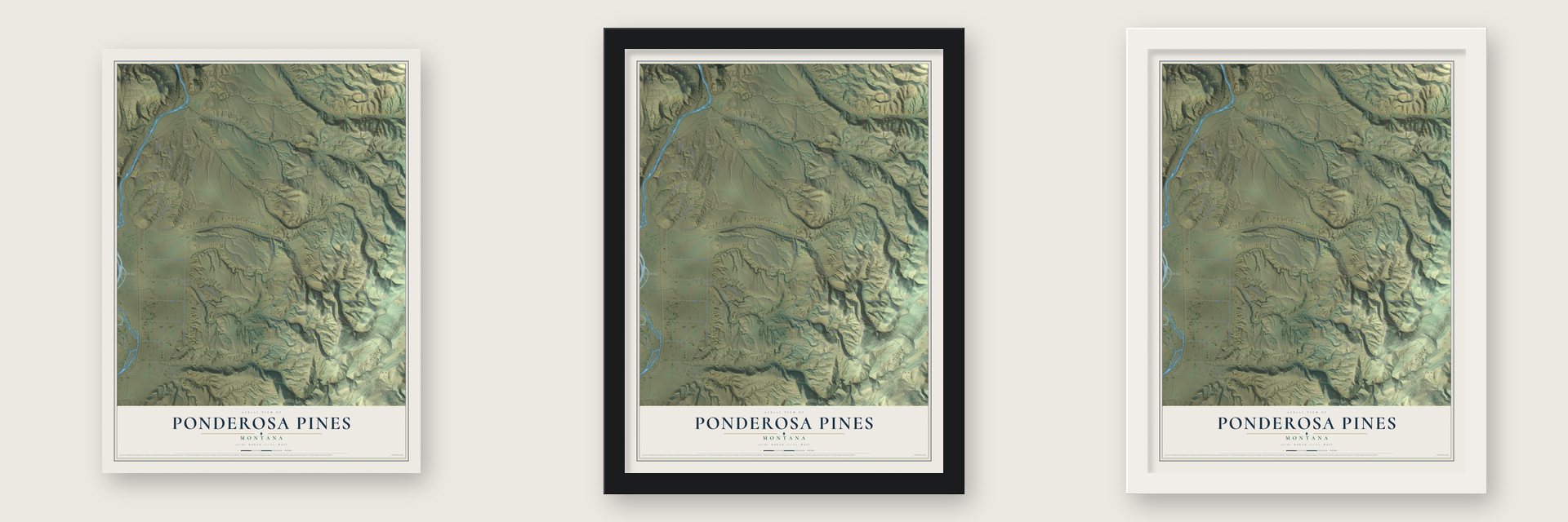 Ponderosa Pines, Montana map unframed, in a black wood frame and in a white wood frame