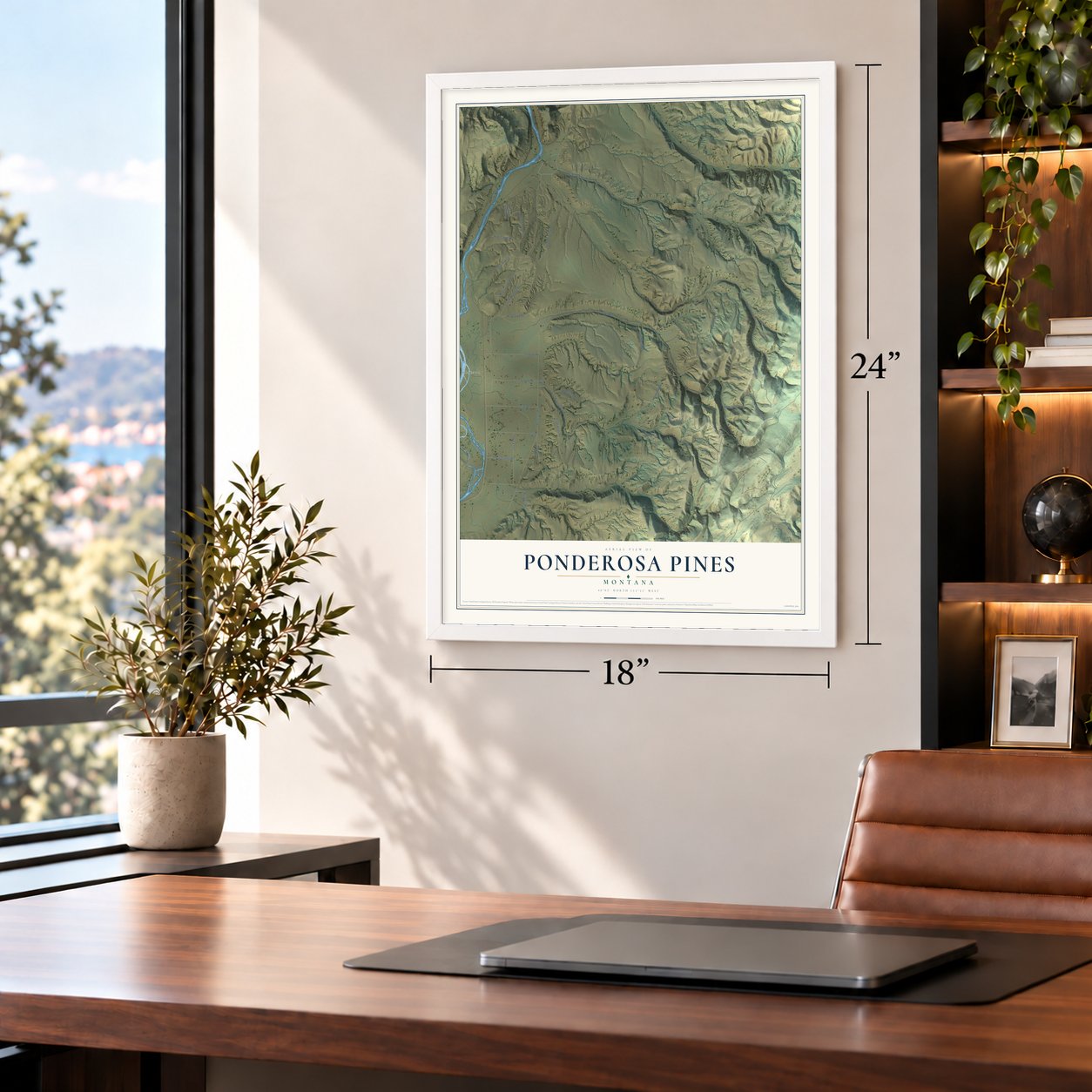 Ponderosa Pines, Montana map, 18 x 24 inch print in a white frame in a home office