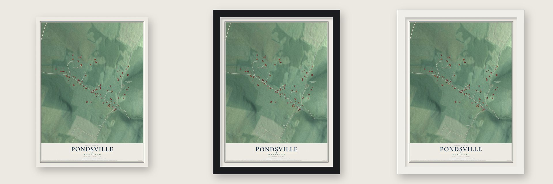 Pondsville, Maryland map unframed, in a black wood frame and in a white wood frame