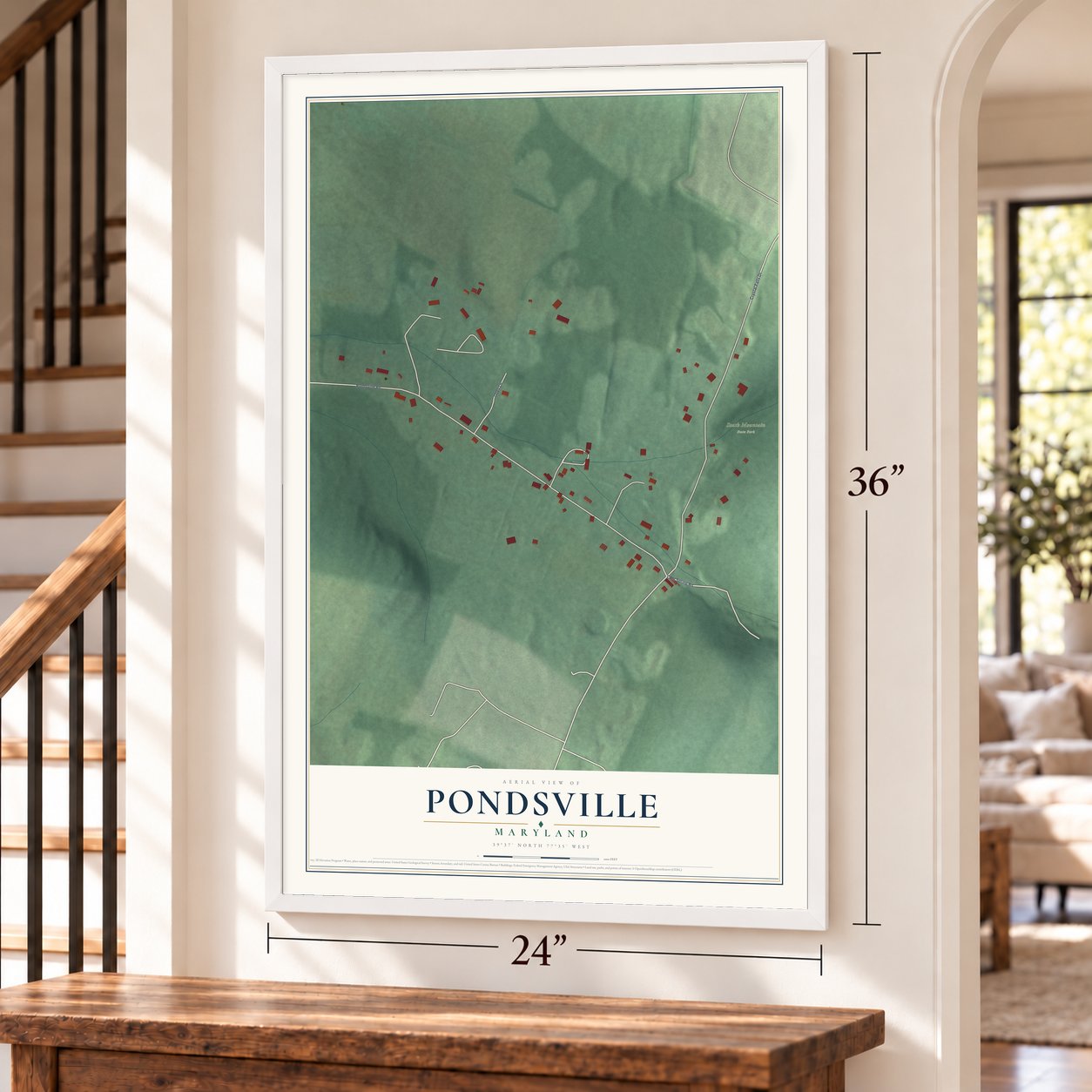 Pondsville, Maryland map, 24 x 36 inch print in a white frame by a staircase