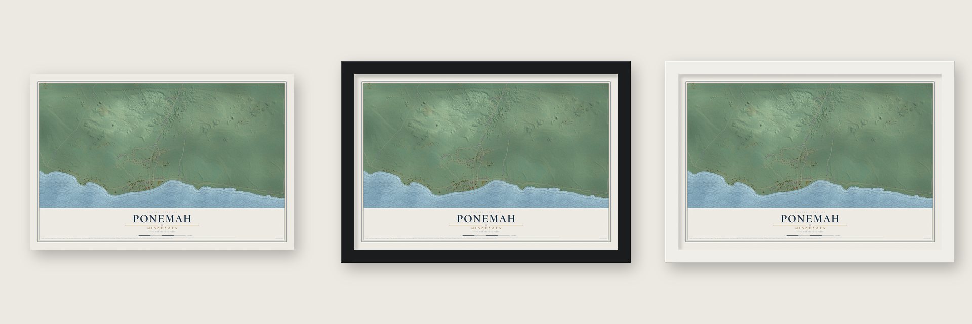 Ponemah, Minnesota map unframed, in a black wood frame and in a white wood frame