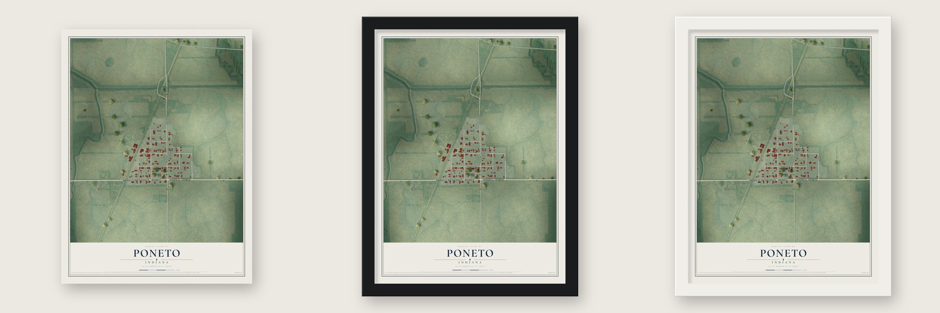 Poneto, Indiana map unframed, in a black wood frame and in a white wood frame