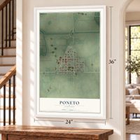 Poneto, Indiana map, 24 x 36 inch print in a white frame by a staircase