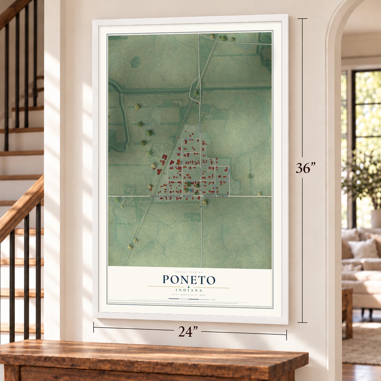 Poneto, Indiana map, 24 x 36 inch print in a white frame by a staircase