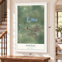 Pontiac, Illinois map, 24 x 36 inch print in a white frame by a staircase