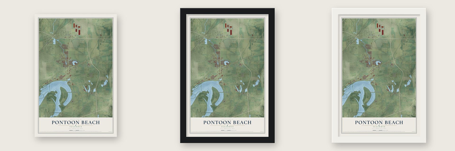 Pontoon Beach, Illinois map unframed, in a black wood frame and in a white wood frame