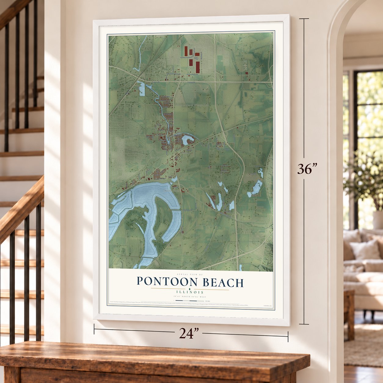 Pontoon Beach, Illinois map, 24 x 36 inch print in a white frame by a staircase