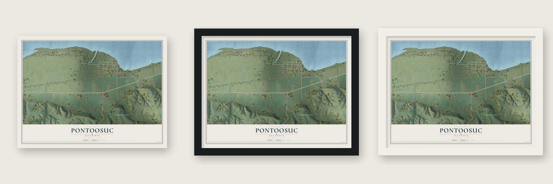 Pontoosuc, Illinois map unframed, in a black wood frame and in a white wood frame
