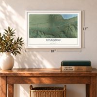 Pontoosuc, Illinois map, 12 x 18 inch print in a white frame in an entryway