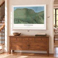Pontoosuc, Illinois map, 24 x 36 inch print in a white frame above a dresser by a staircase