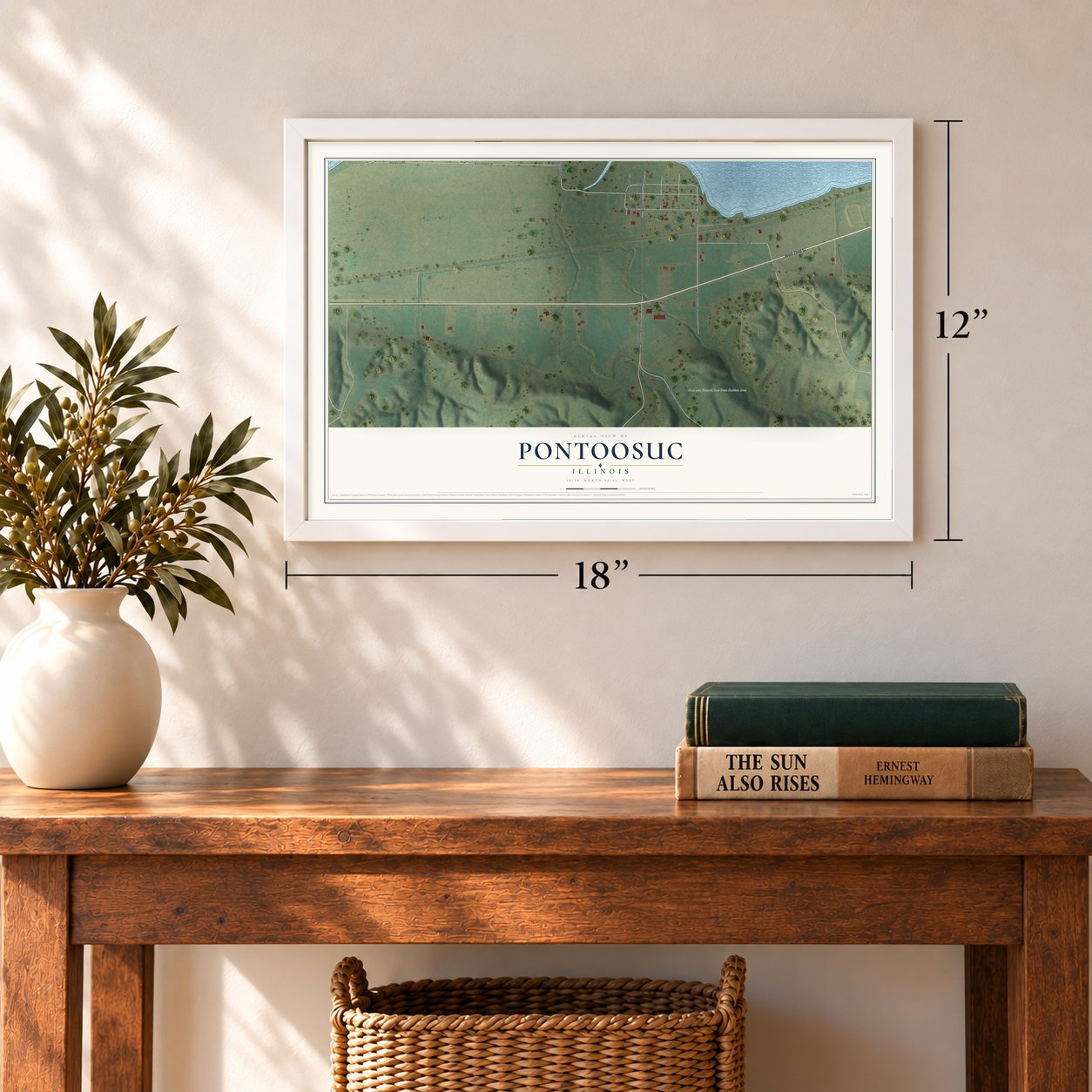 Pontoosuc, Illinois map, 12 x 18 inch print in a white frame in an entryway