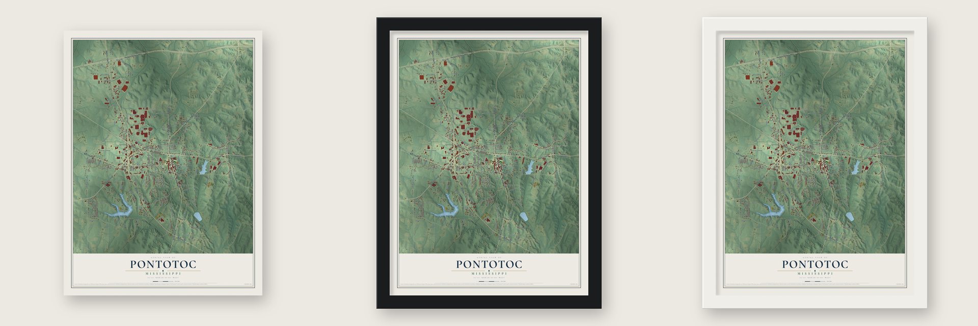 Pontotoc, Mississippi map unframed, in a black wood frame and in a white wood frame