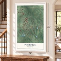 Pontotoc, Mississippi map, 24 x 36 inch print in a white frame by a staircase