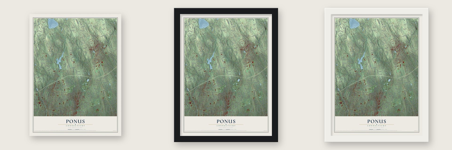 Ponus, Connecticut map unframed, in a black wood frame and in a white wood frame