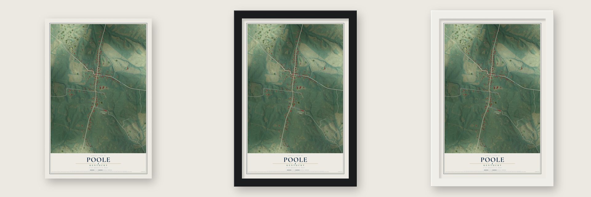 Poole, Kentucky map unframed, in a black wood frame and in a white wood frame