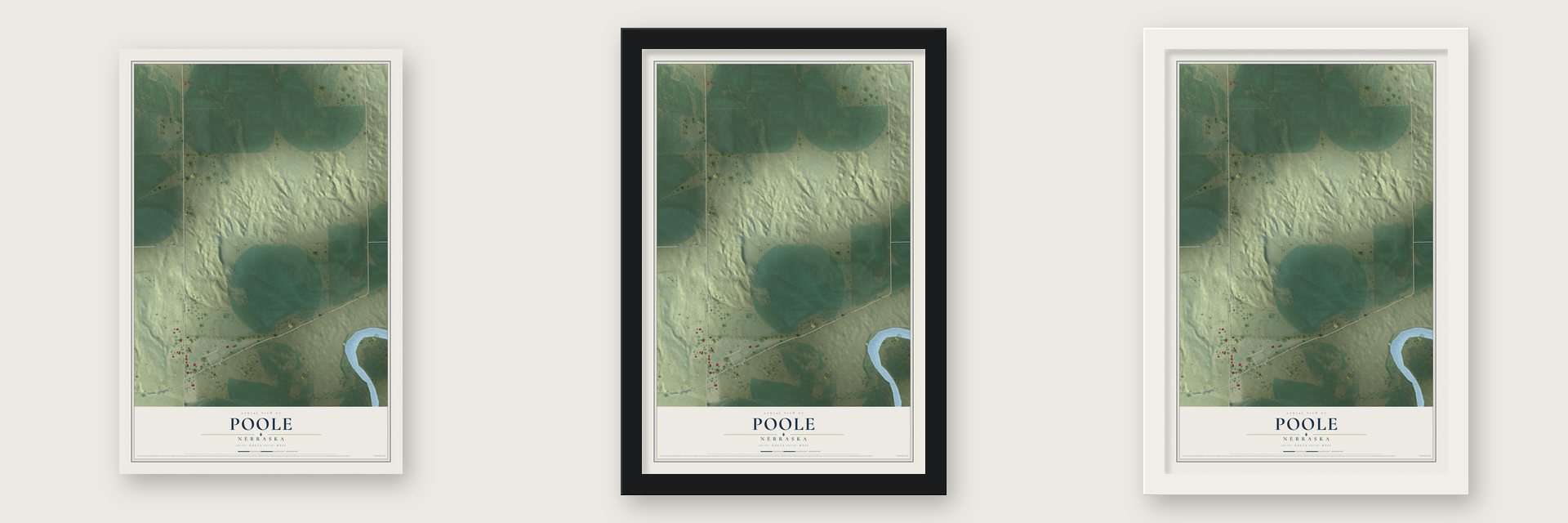 Poole, Nebraska map unframed, in a black wood frame and in a white wood frame