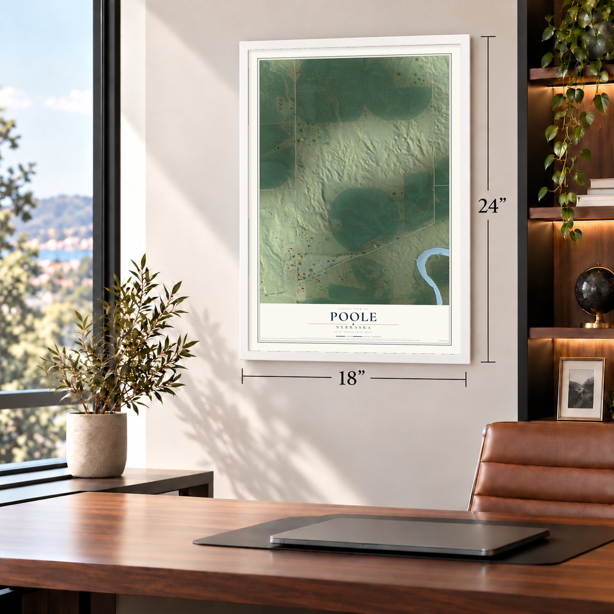Poole, Nebraska map, 18 x 24 inch print in a white frame in a home office