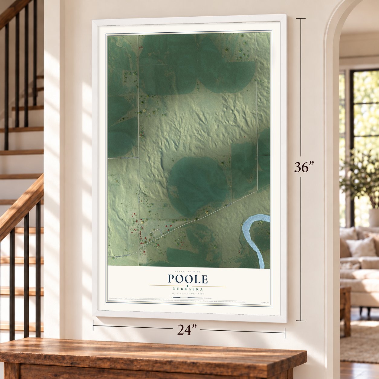 Poole, Nebraska map, 24 x 36 inch print in a white frame by a staircase