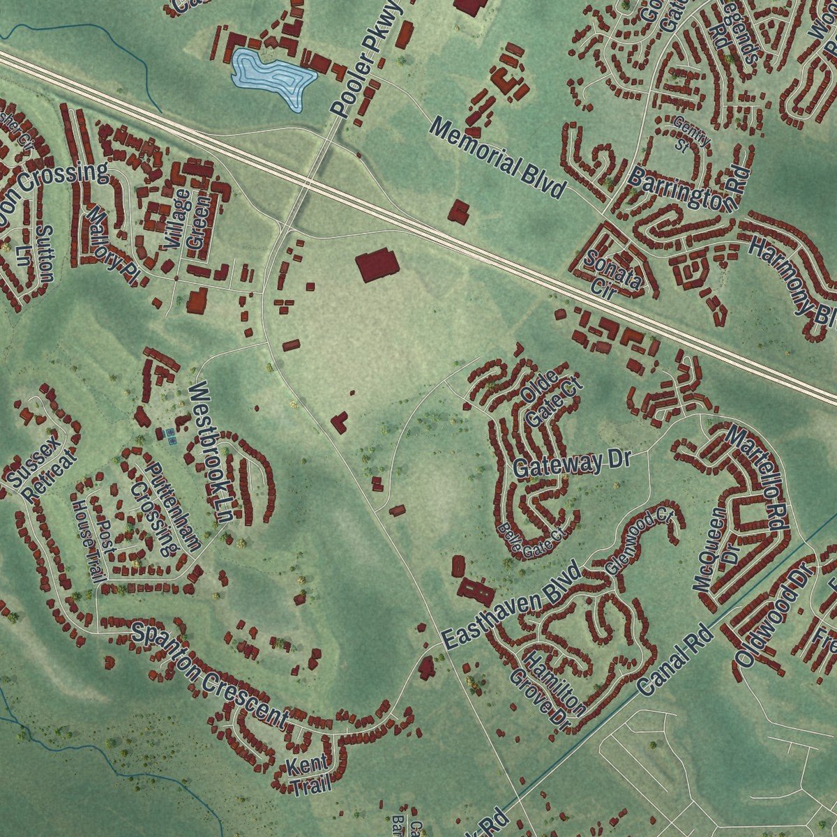 Second close-up of the map of Pooler, Georgia print showing more streets and buildings